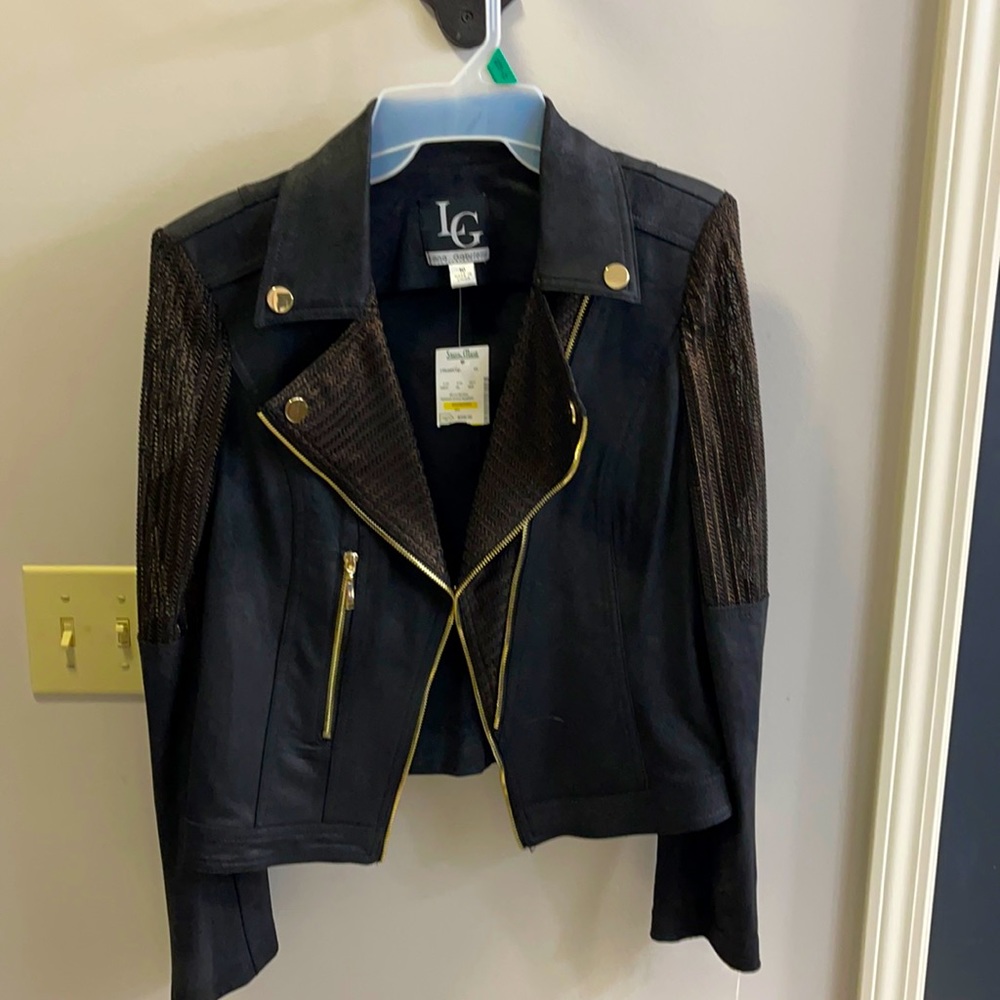 Size 10, Lena Gabrielle, black Moto jacket with sheer sleeves.